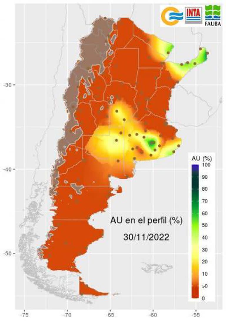 Así estaba el agua útil en el perfil del suelo a fin de noviembre. El agua útil es la lámina de agua aprovechable por los cultivos hasta un metro de profundidad