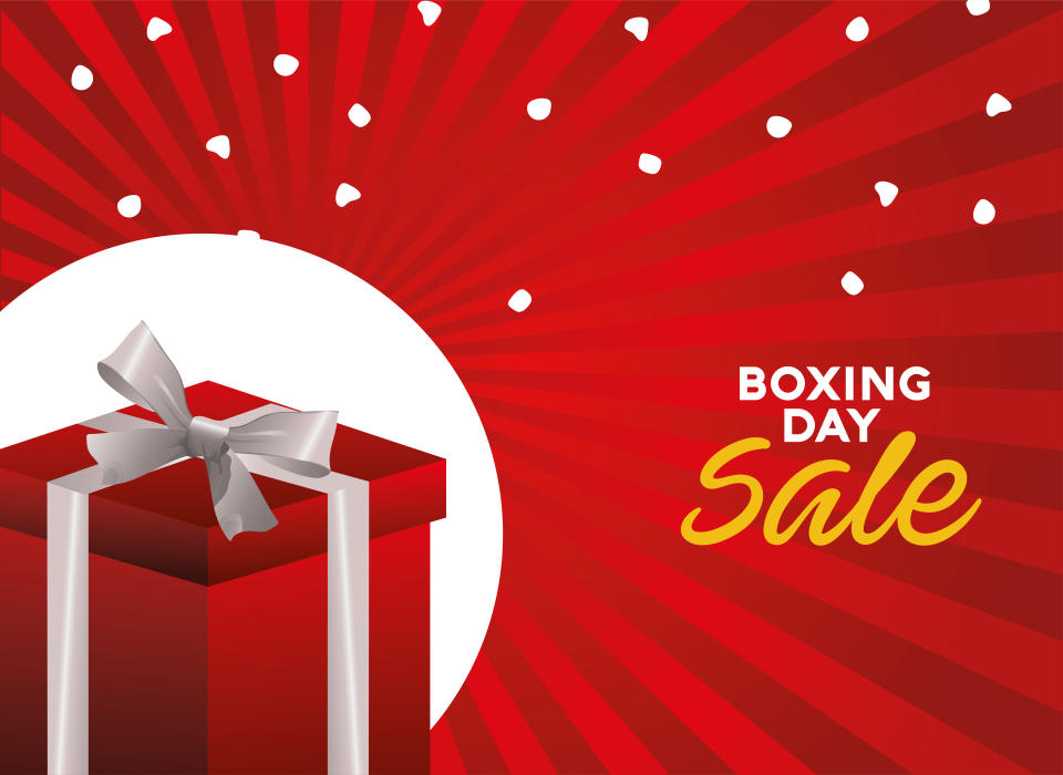 boxing day sale lettering with giftbox red vector illustration design