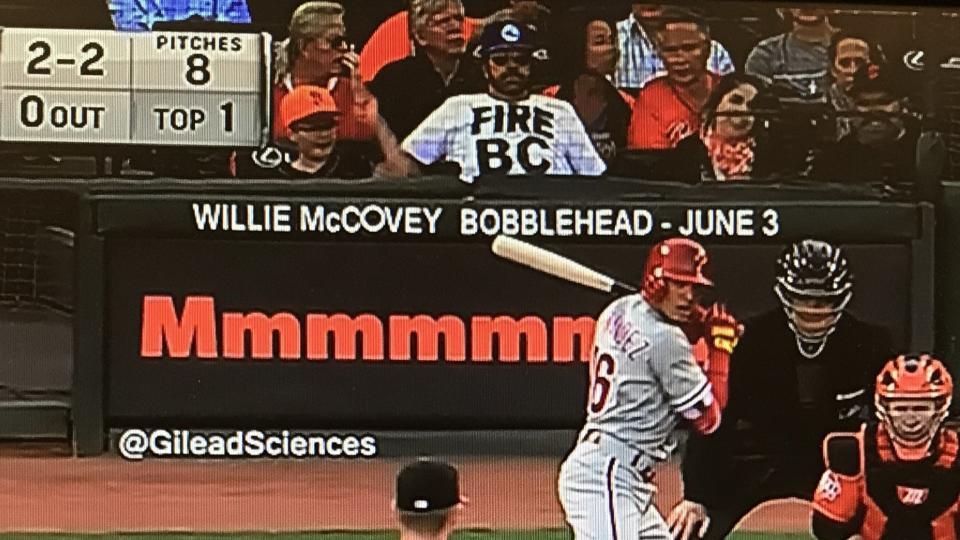 A fan at a Philadelphia Phillies game in San Francisco on Friday night wore a “Fire BC” shirt behind home plate, expertly trolling 76ers president of basketball operations Bryan Colangelo over his alleged use of multiple Twitter accounts. (@JClarkNBCS/Twitter)