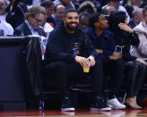 Singer Drake looks on from their court side seat during Game Two of the second round of the 2019 NBA Playoffs between the Toronto Raptors and the Philadelphia 76ers at Scotiabank Arena on April 29, 2019 in Toronto, Canada. (Photo by Vaughn Ridley/Getty Images)