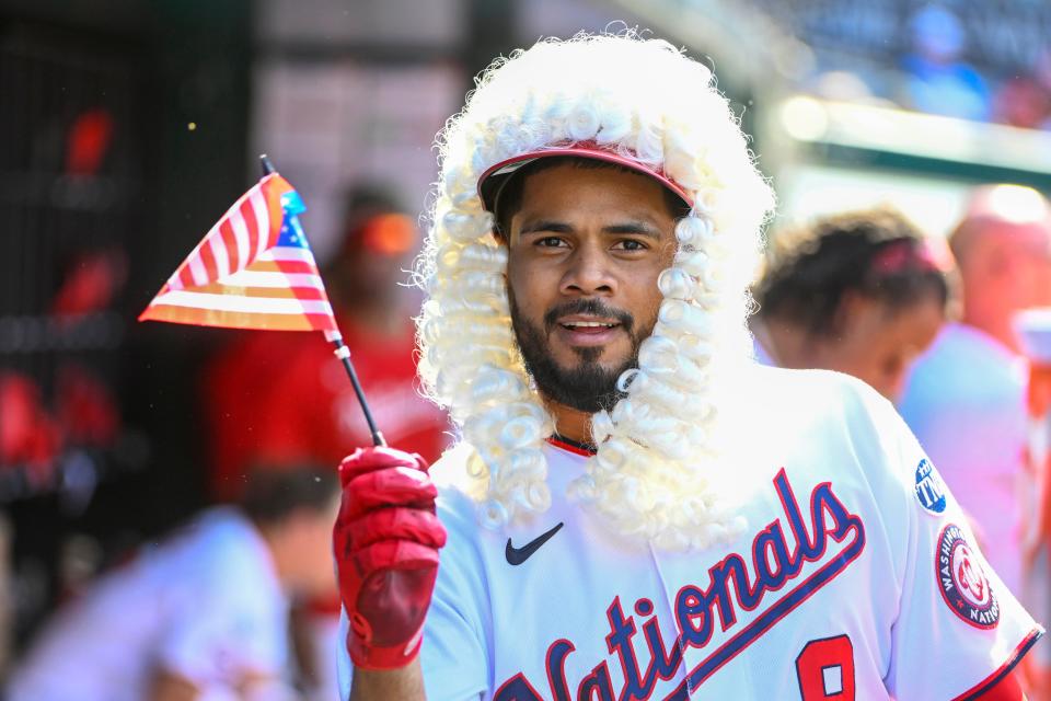 May 20: Washington Nationals third baseman Jeimer Candelario celebrates after hitting a solo home run against the Detroit Tigers.