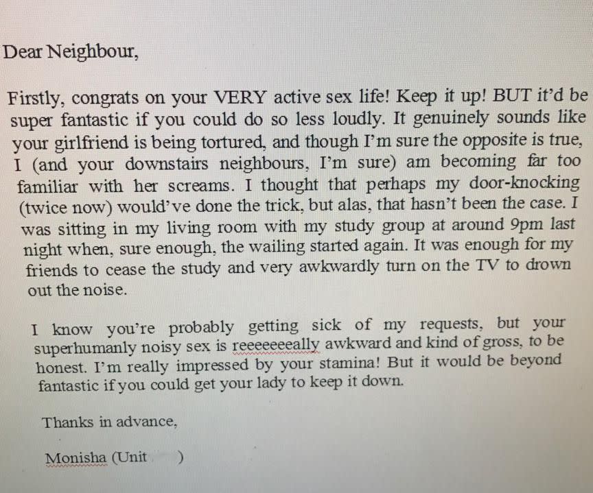 A Sydney woman who had enough of her neighbours’ “superhumanly noisy sex”, wrote a scathing letter and slid it underneath their door in a desperate bid to put a stop to it. Photo: Supplied