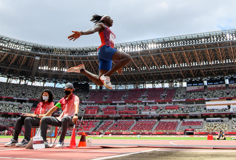 Long jumper Brittney Reese has been soaring past the competition for years, but because she competes in a field event, she hasn't received the same attention as track athletes. (Photo by Matthias Hangst/Getty Images)