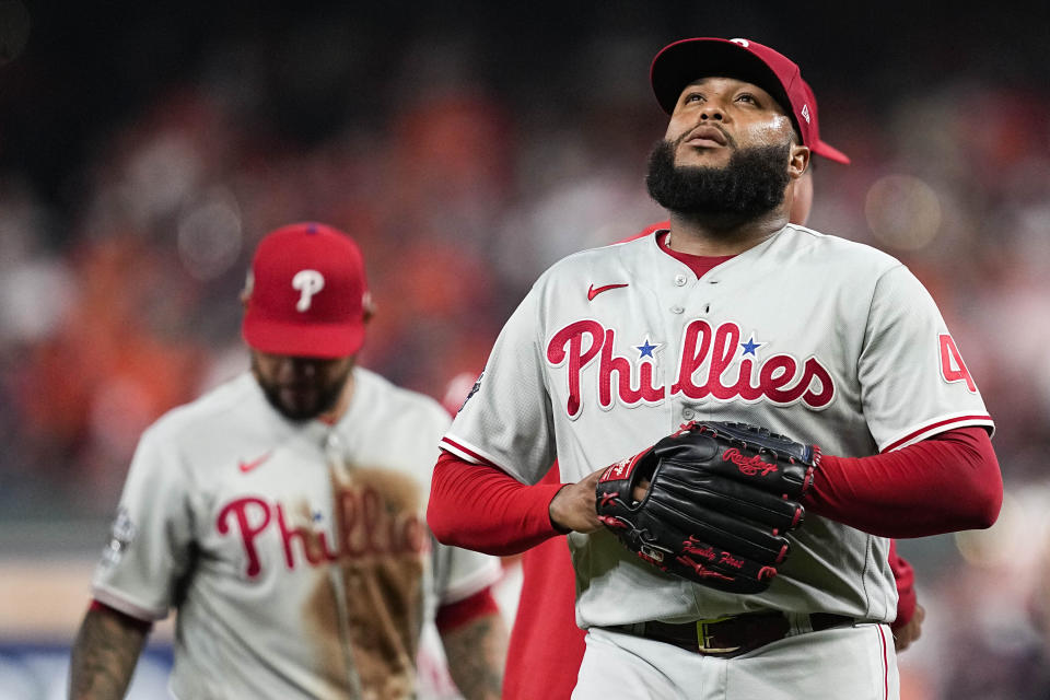 Philadelphia Phillies relief pitcher Jose Alvarado Houston reacts after Astros' Yordan Alvarez's three-run home run during the sixth inning in Game sixth of baseball's World Series between the Houston Astros and the Philadelphia Phillies on Saturday, Nov. 5, 2022, in Houston. (AP Photo/Tony Gutierrez)