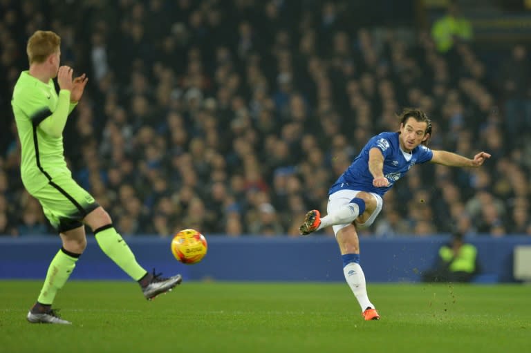 Everton's defender Leighton Baines (R) plays the ball during the English League Cup semi-final first leg football match between Everton and Manchester City at Goodison Park in Liverpool, north west England on January 6, 2016