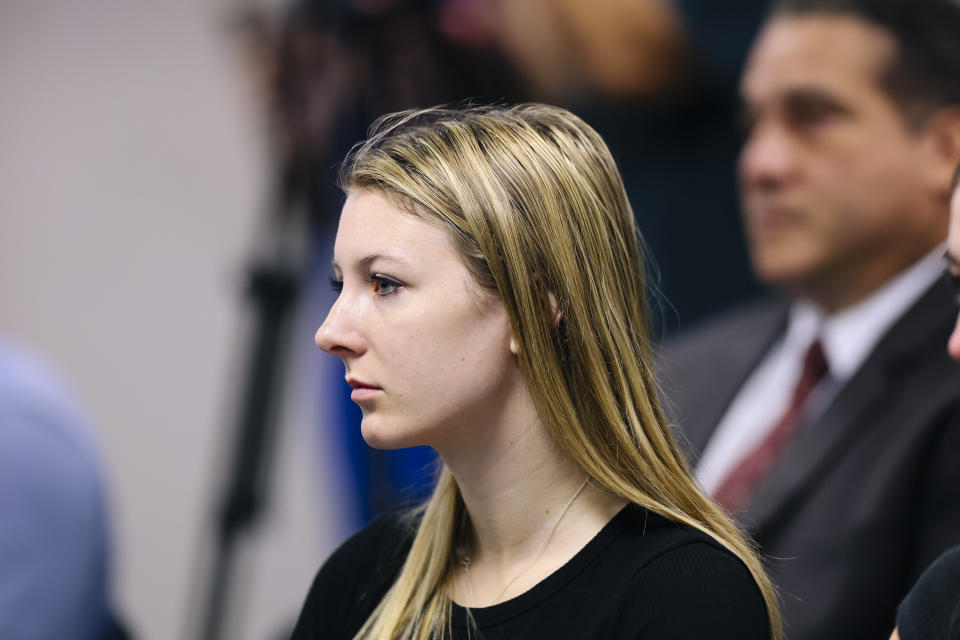 Lacey Foster, girlfriend of UNLV student Nathan Valencia, attends a State of Nevada Athletic Commission meeting held to discuss the Nevada Attorney General's investigation findings regarding the death Valencia, Tuesday, Aug. 23, 2022. (Wade Vandervort/Las Vegas Sun via AP)