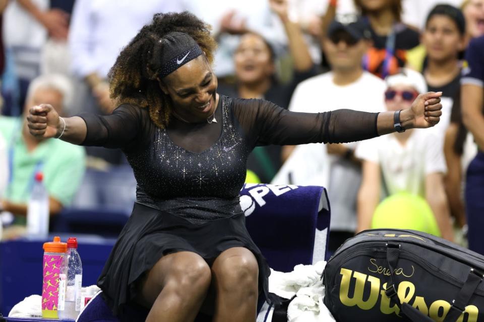 Serena Williams of the United States celebrates after defeating Danka Kovinic of Montenegro during the Women’s Singles First Round on Day One of the 2022 US Open at USTA Billie Jean King National Tennis Center on August 29, 2022. (Photo by Al Bello/Getty Images)