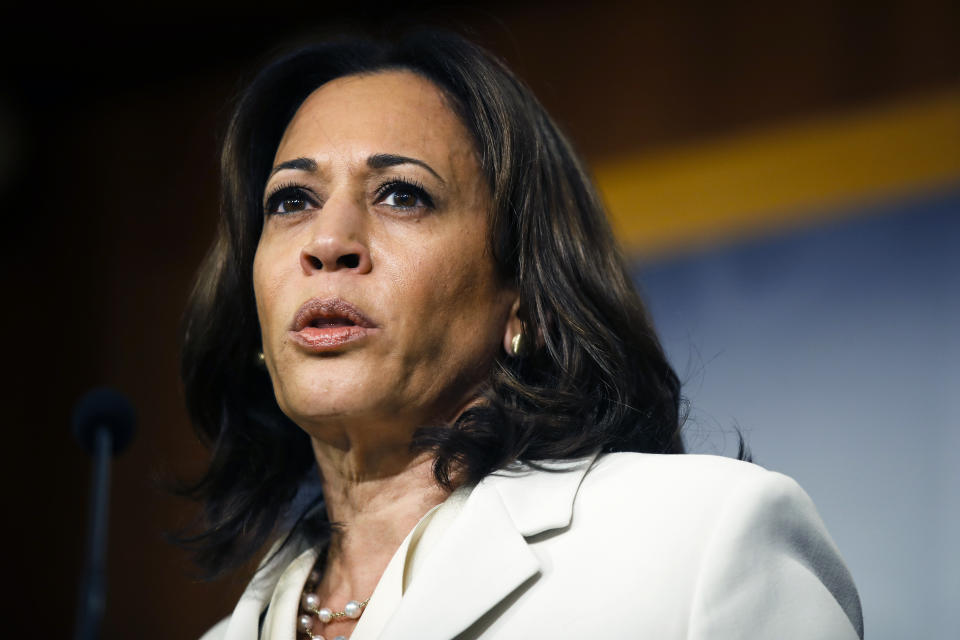 FILE - In this Jan. 16, 2020 file photo, Sen. Kamala Harris, D-Calif., talks to reporters about the impeachment trial of President Donald Trump on charges of abuse of power and obstruction of Congress, at the Capitol in Washington. As presumptive Democratic presidential nominee Joe Biden begins the process of choosing a running mate amid the coronavirus crisis, managing the pandemic has become its own version of an audition. For potential picks, lobbying for the job means breaking into the national conversation, positioning themselves as leaders and executing at their day job. (AP Photo/Matt Rourke)