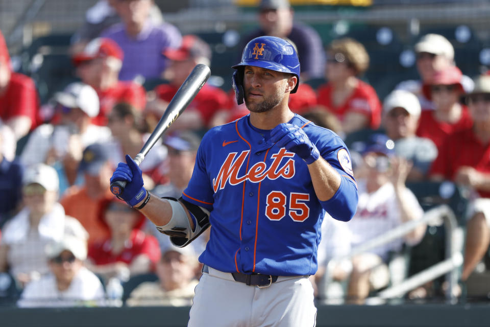 JUPITER, FL - MARCH 05: Tim Tebow #85 of the New York Mets looks on while stepping up to bat against the St Louis Cardinals in the eighth inning of a Grapefruit League spring training game on March 5, 2020 in Jupiter, Florida. The game ended in a 7-7 tie. (Photo by Joe Robbins/Getty Images)