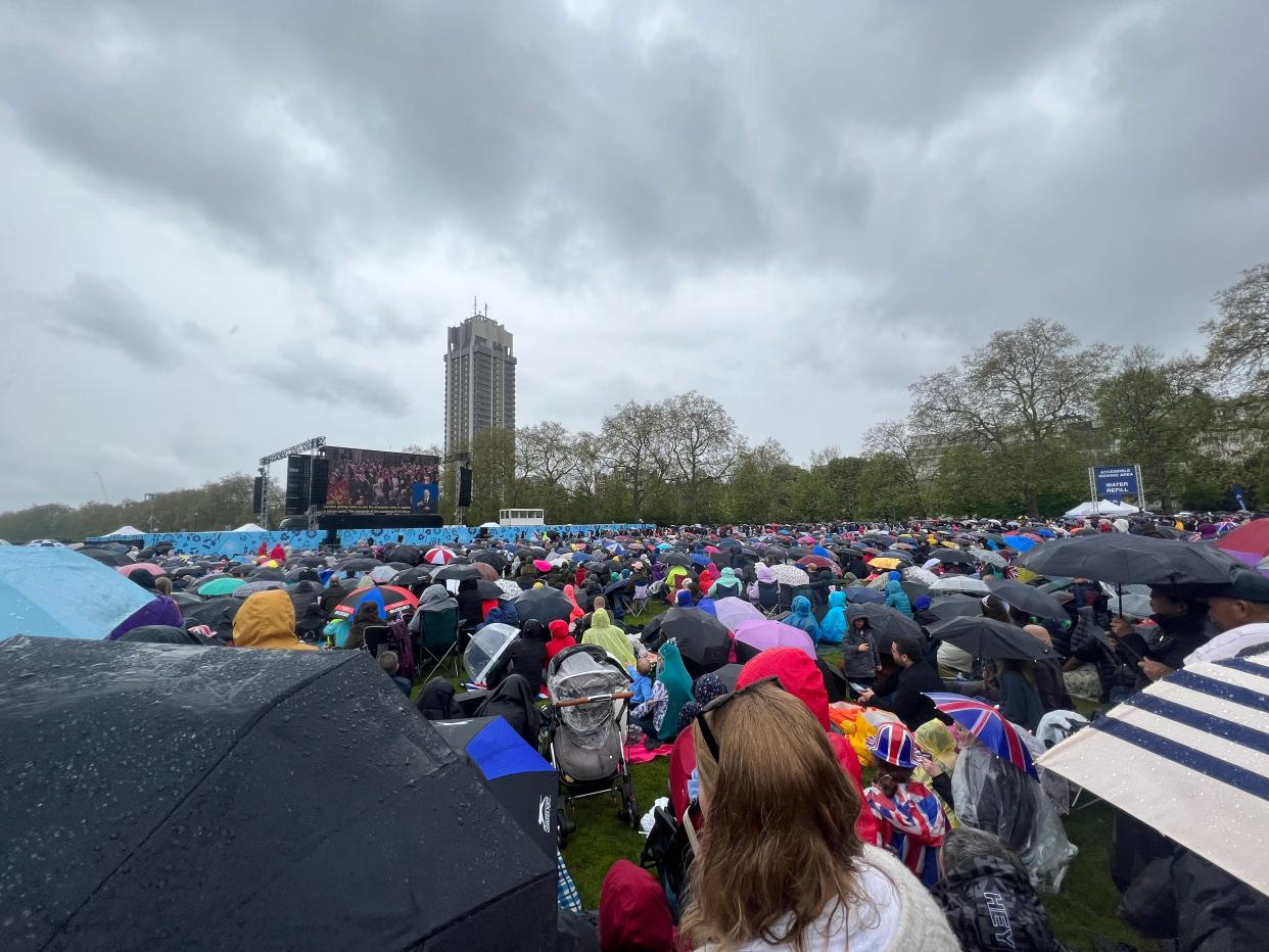 Most coronation-goers watched the ceremony from a rainy park.