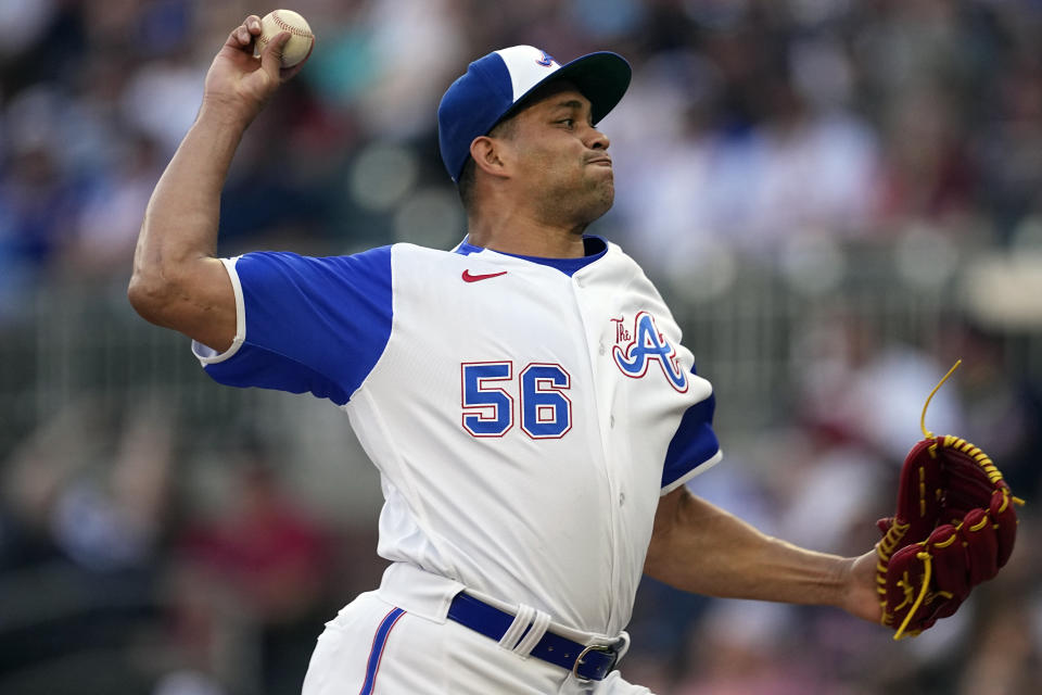 Atlanta Braves pitcher Yonny Chirinos delivers against the San Francisco Giants during the first inning of a baseball game Saturday, Aug. 19, 2023, in Atlanta. (AP Photo/John Bazemore)