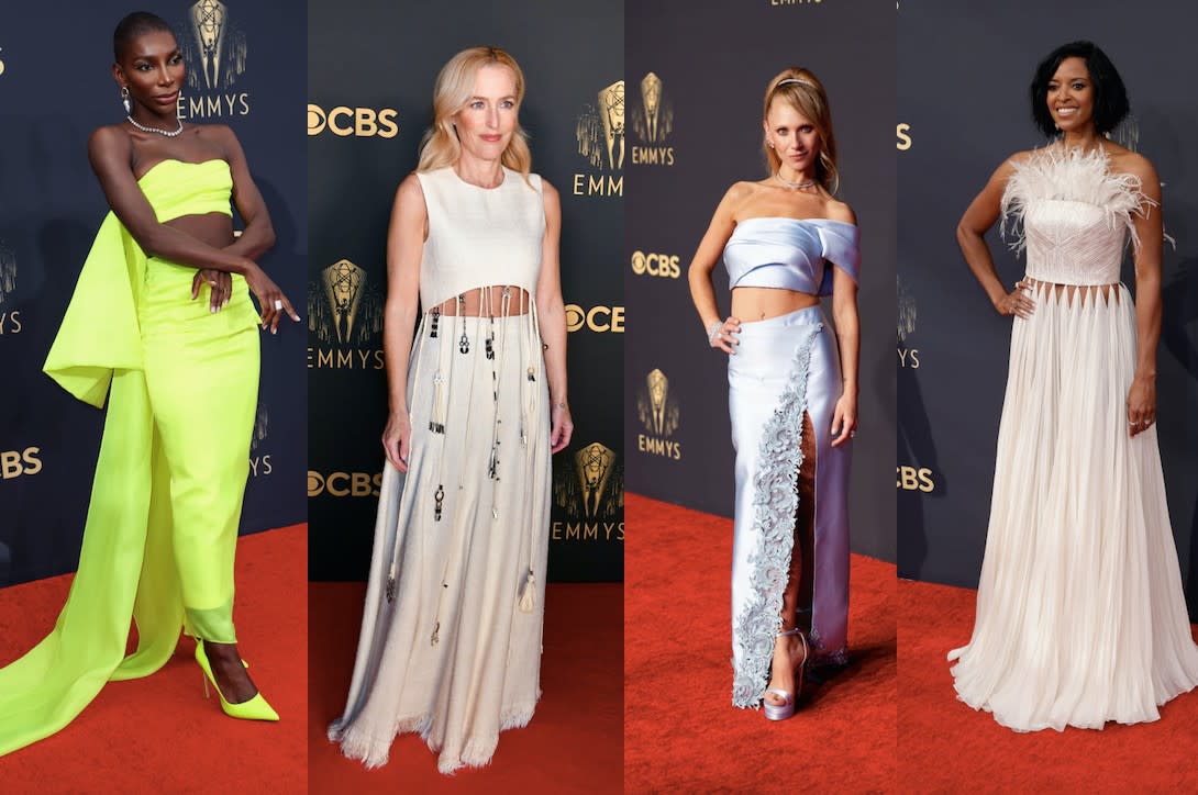 Michaela Coel, Gillian Anderson, Juno Temple and Renee Elise Goldsberry all showcased peek-a-boo stomachs at last night's Emmy's. (Getty Images)