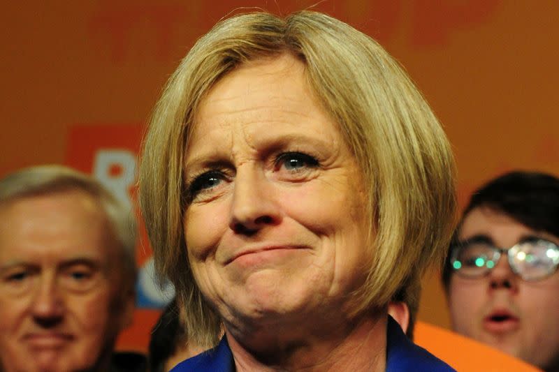 FILE PHOTO: Alberta New Democratic (NDP) leader and Premier Rachel Notley reacts to her loss at her election night party in Edmonton
