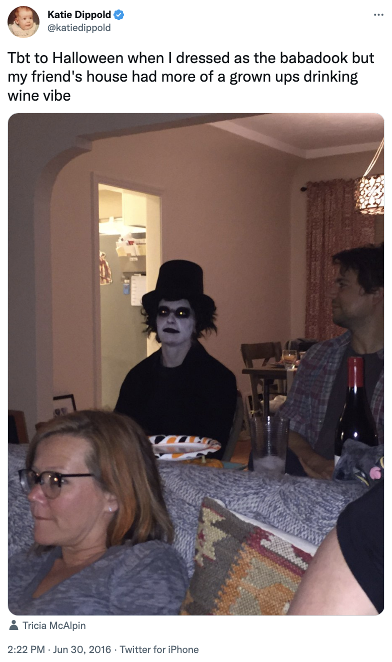 tweet showing a picture of them dressed as babadook for halloween and saying they dressed like this when they're friend's party was more of an adults drinking wine party