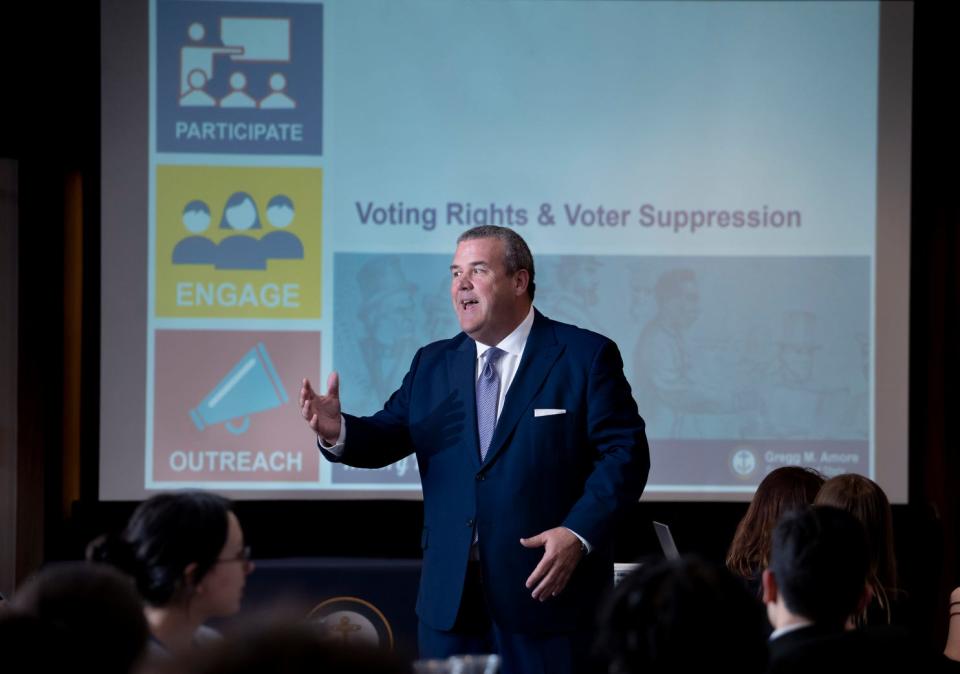 Rhode Island's Secretary of State, Gregg Amore led a civic program for high school seniors at the Marriott Hotel in Providence, Rhode Island, at the Rhode Island Civic Leadership Summit on April 18, 2024.