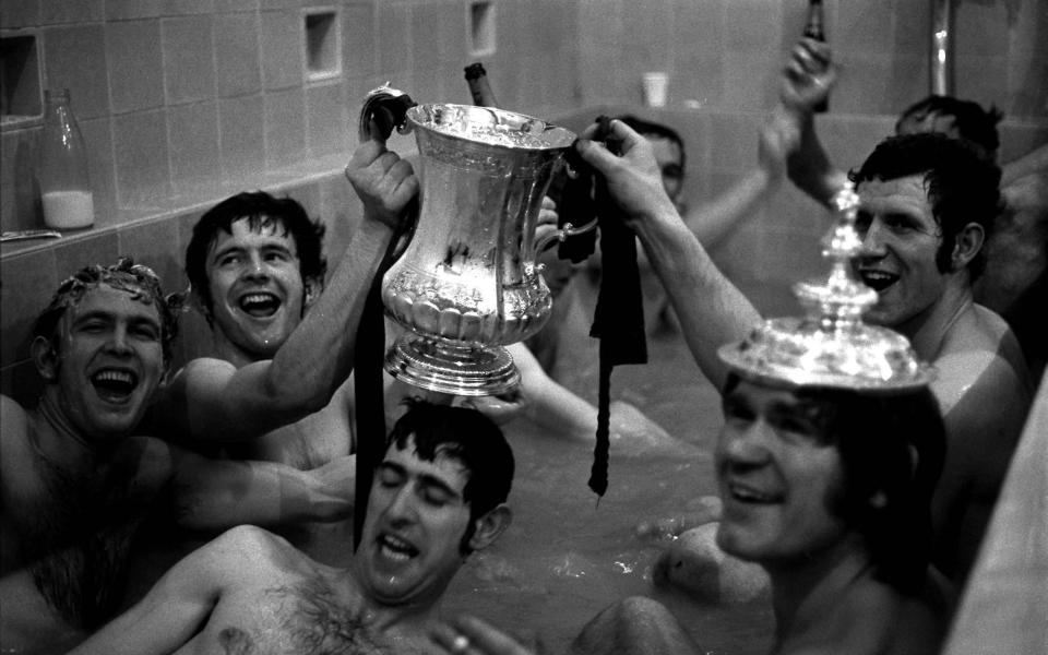 Chelsea celebrate in the bath at Old Trafford after beating Leeds in the FA Cup final replay, l-r, Baldwin, John Hollins, Peter Bonetti, David Webb and Peter Osgood