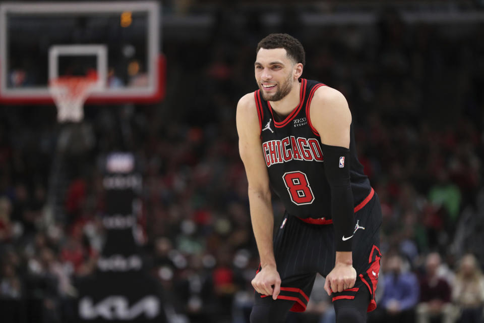 The Chicago Bulls' Zach LaVine (8) flashes a smile during a game at the United Center on April 6, 2022, in Chicago. (Brian Cassella/Chicago Tribune/Tribune News Service via Getty Images)