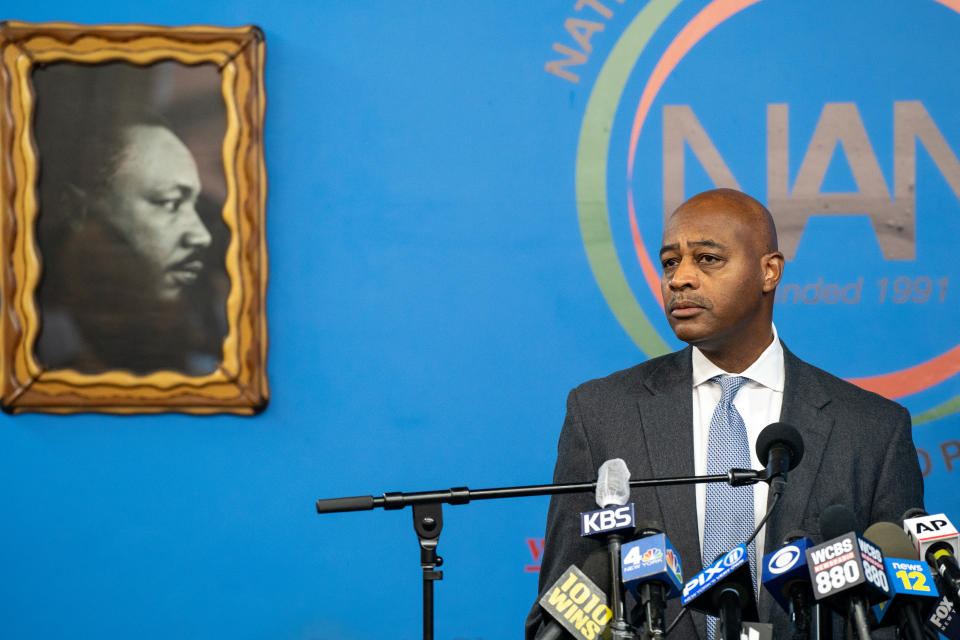 New York City Mayoral candidate Ray McGuire speaks during a press conference at the National Action Network's House of Justice to denounce the rise of attacks against Asian Americans on March 18, 2021 in New York City. (David Dee Delgado/Getty Images)