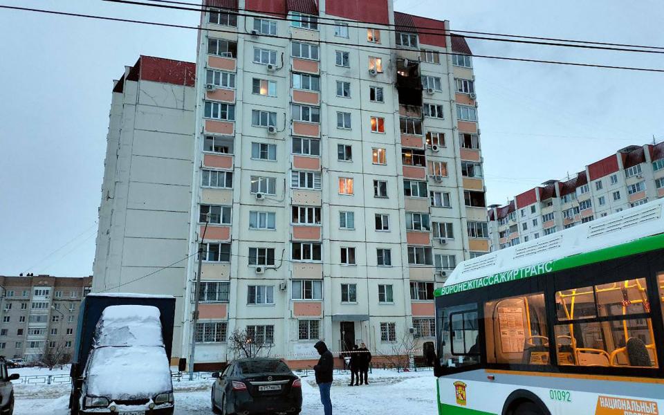 Damage to an apartment building following a drone attack in Voronezh, published by the regional governor Aleksandr Gusev