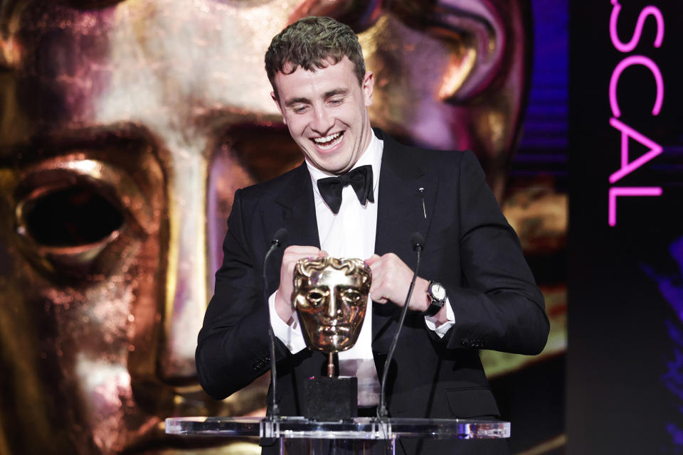 <p>Paul Mescal accepts the best actor award for his performance in <i>Normal People </i>at the BAFTA TV awards on June 6 in London. </p>