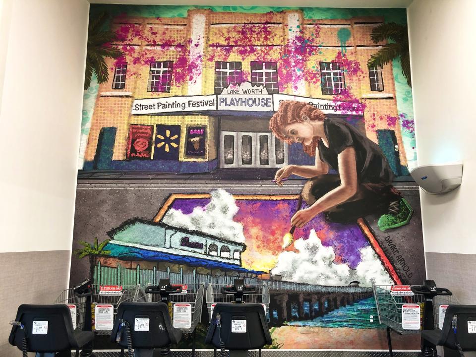 A new mural at the renovated Walmart Neighborhood Market in suburban Lake Worth includes imagery of the William O. Lockhart Municipal Pier, the Lake Worth Playhouse and the annual Street Painting Festival - landmarks in Lake Worth Beach, east of the grocery store.