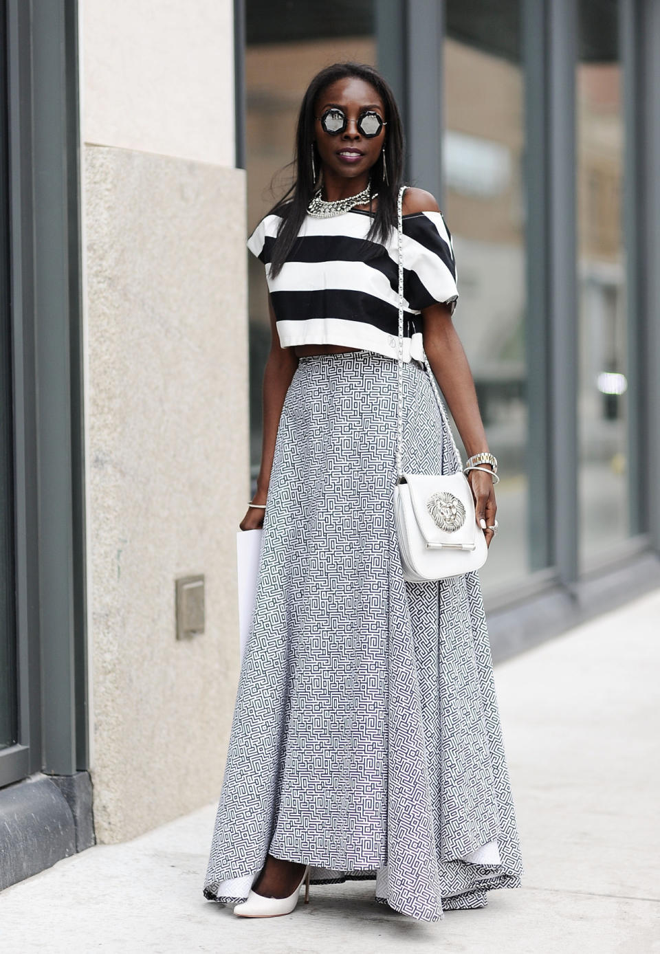 A maxi skirt and a crop top make for an ideal fashion week look.