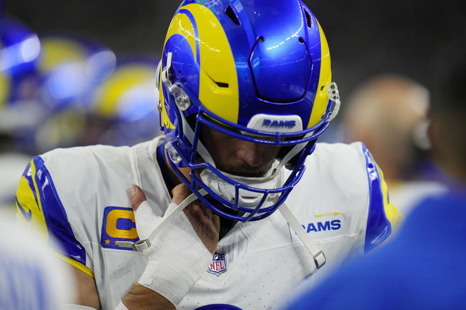 Los Angeles Rams quarterback Matthew Stafford wears a bandage on his throwing hand during the second half of an NFL football game against the Dallas Cowboys Sunday, Oct. 29, 2023, in Arlington, Texas. (AP Photo/Julio Cortez)