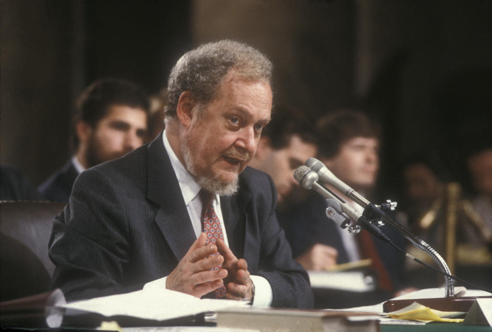 Judge Robert Bork testifies before the Senate Judiciary Committee on his nomination to be a Supreme Court justice in 1987. (Photo: Shepard Sherbell/Corbis via Getty Images)