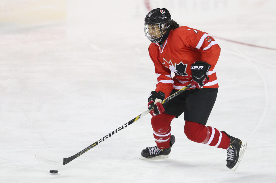 NWHL player Saroya Tinker, pictured here during the 2016 IIHF U18 Women's World Championships, is standing up to a media outlet that has an unsettling history of racism and sexism. (Photo by Vaughn Ridley/Getty Images)