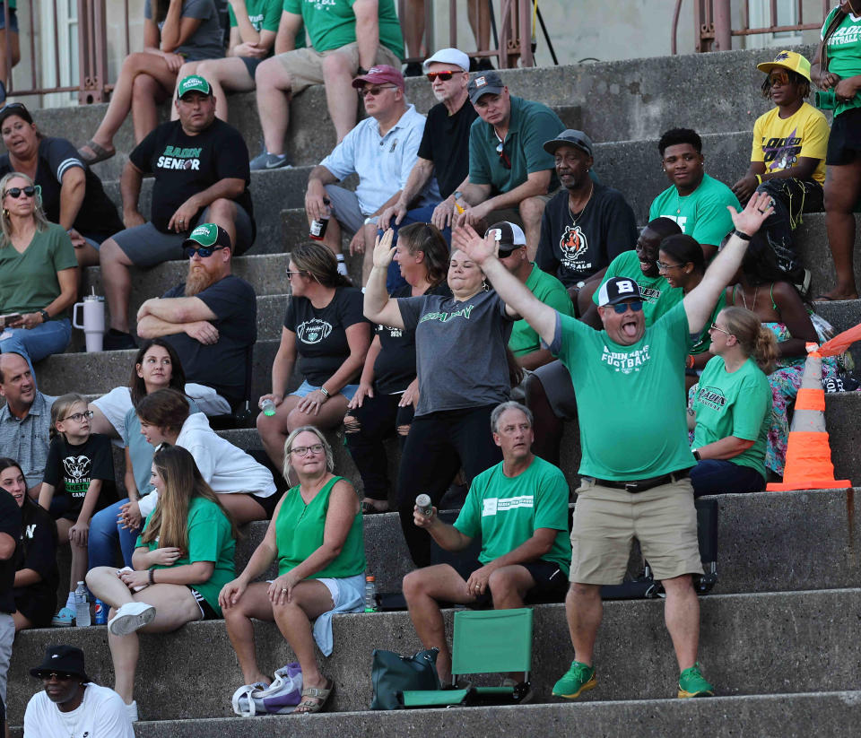 Hamilton Badin fans cheer on the Rams during a football game between Withrow and Badin high schools Friday, Sept. 2, 2022. Badin was voted No. 1 in Division III in the most recent football poll.