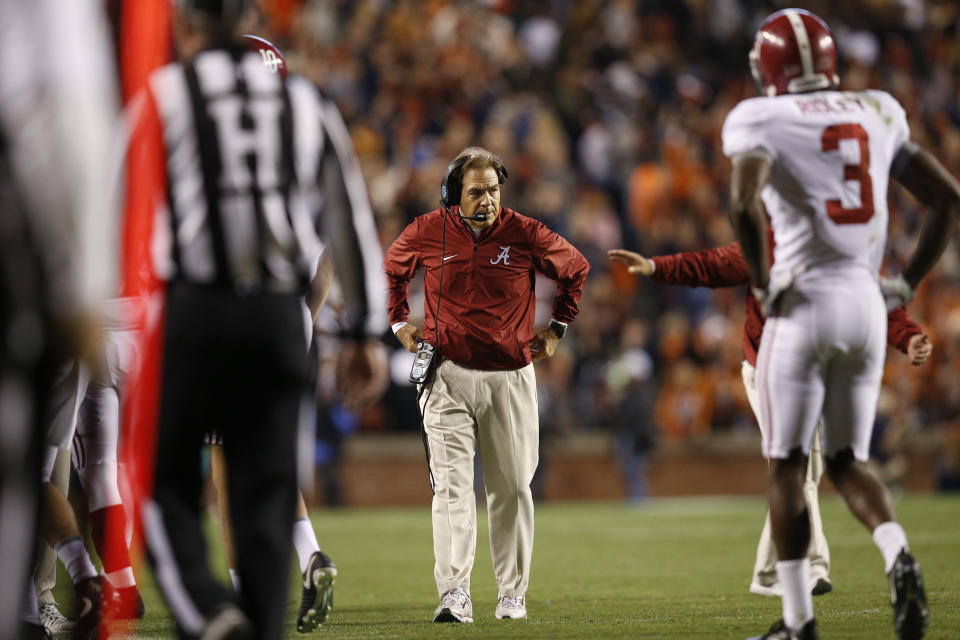 Nick Saban thinks Alabama deserves a spot in the College Football Playoff, but the Crimson Tide will probably need some help to get in. (AP)