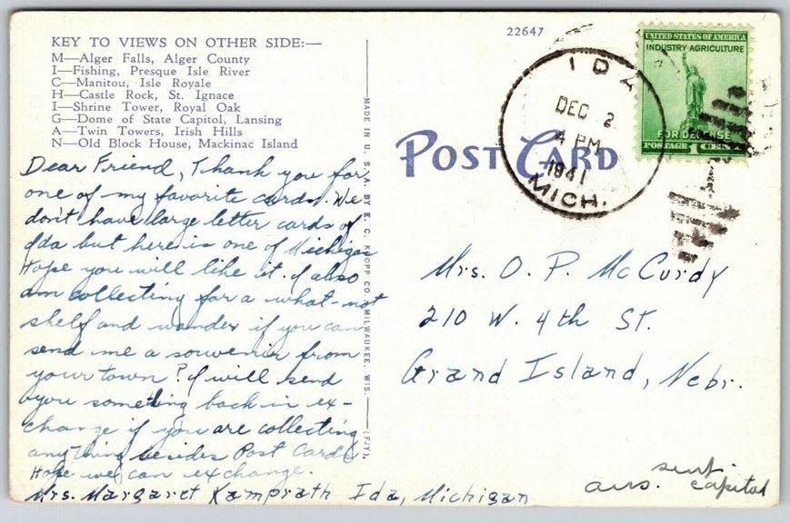 The back of the postcard is shown. The card was postmarked Dec. 2, 1941, in Ida and has a 1 cent stamp.
(Photo: PROVIDED BY SALLY KAMPRATH)