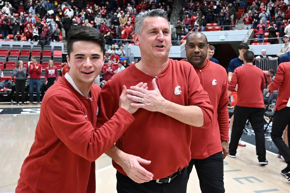 Washington State Cougars head coach Kyle Smith celebrates after a game against the Arizona Wildcats at Friel Court at Beasley Coliseum.