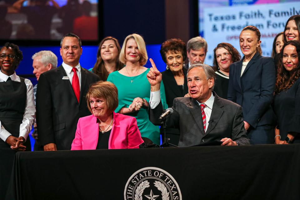 Texas Governor Greg Abbott delivered the keynote address at the Texas Values policy forum at the Great Hills Baptist Church in Austin, Texas on Sept. 24, 2021. As part of the address, Governor Abbott signed Senate Bill 4 into law in front of the crowd, which banned "mail-in abortions," like mail-order drugs and prevents physicians from prescribing abortion drugs to women more than seven weeks pregnant.