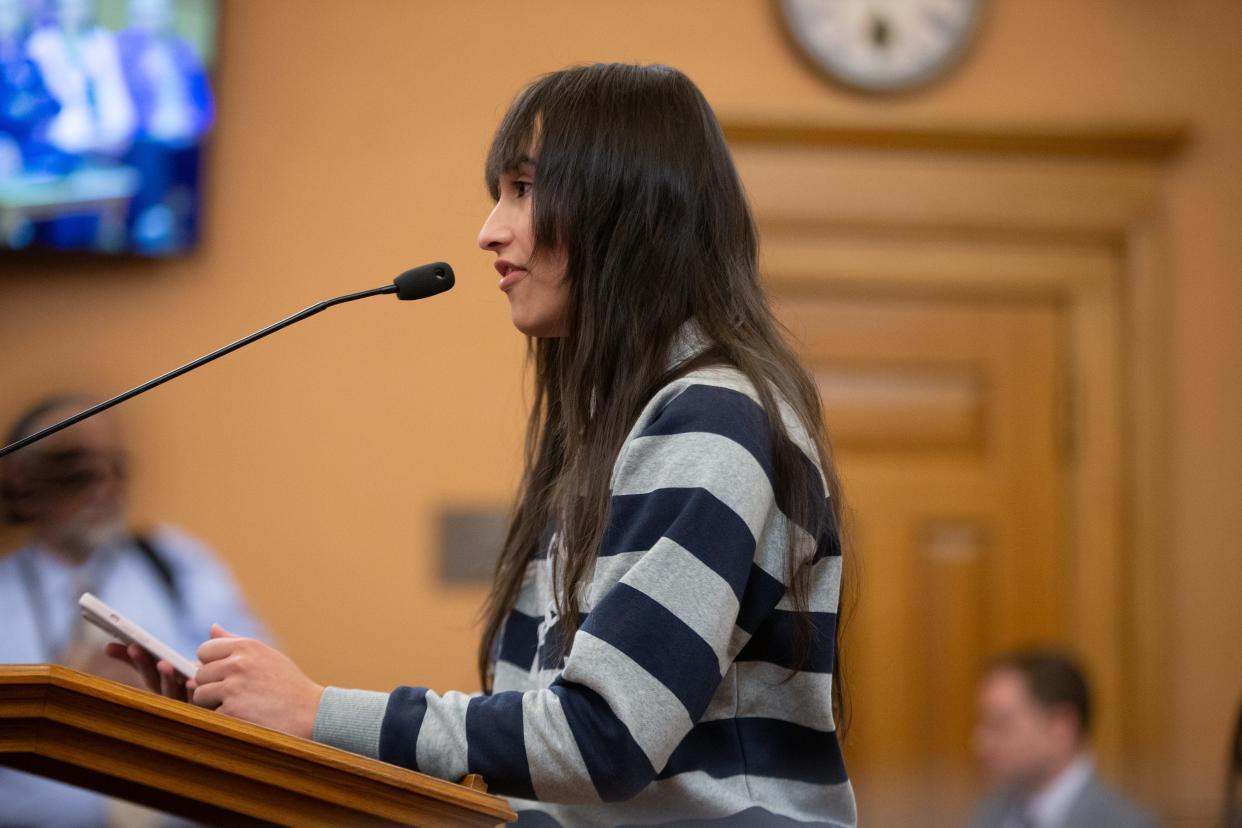 Chloe Cole speaks about her experience as a person who detransitioned during a committee hearing Thursday about a bill that would ban doctors from providing gender-affirming care to trans youths.