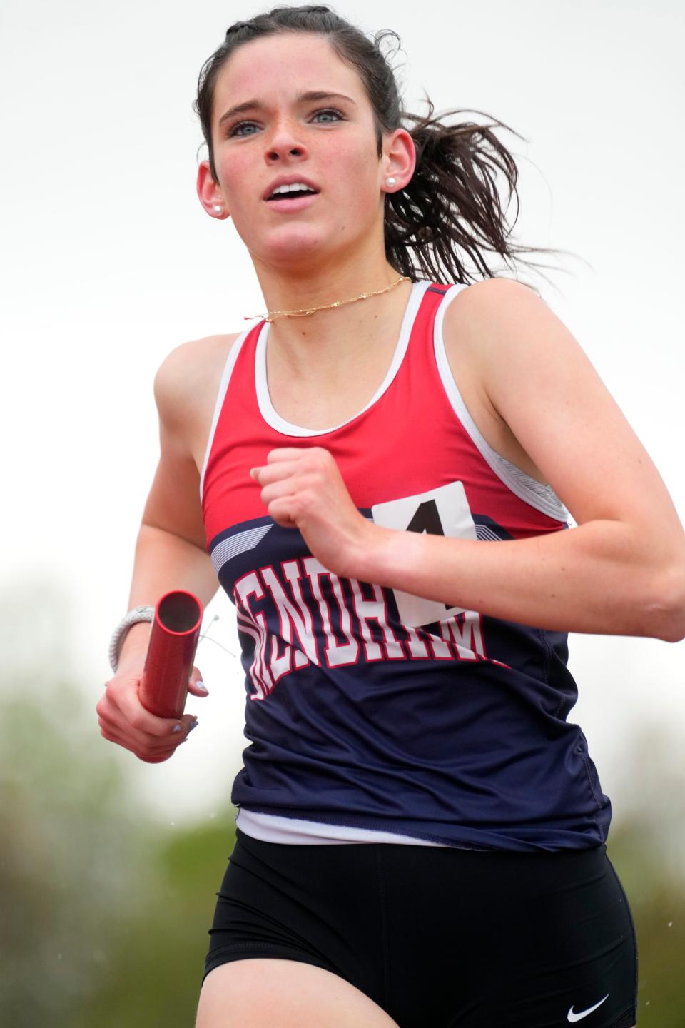 Kate Shaw, of Mendham, runs the anchor leg for the winning 4x1600 meters team, at the Morris County Relays, in Randolph. Wednesday, May 3, 2023 
