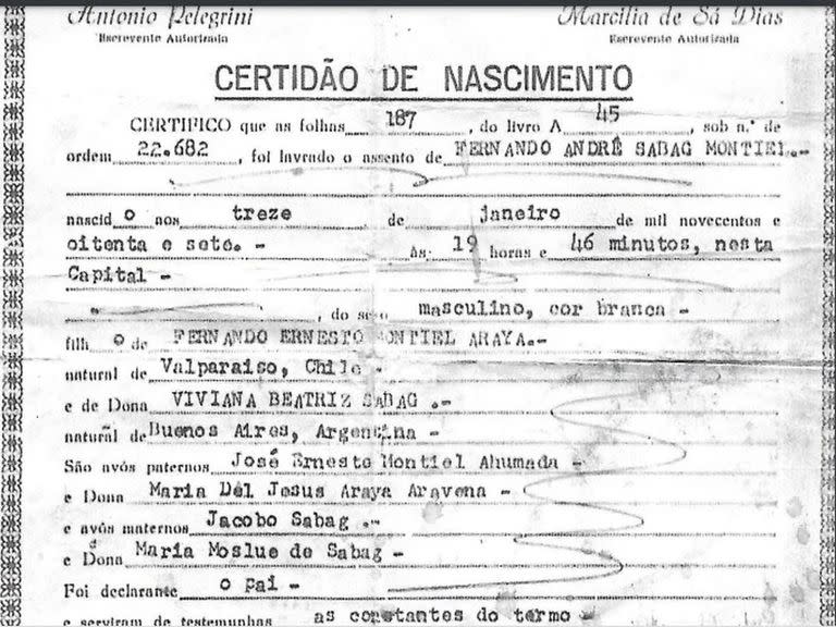 La partida de nacimiento de Fernando Andrés Sabag Montiel, el hombre que le apuntó con un arma en la cabeza a la vicepresidenta Cristina Kirchner