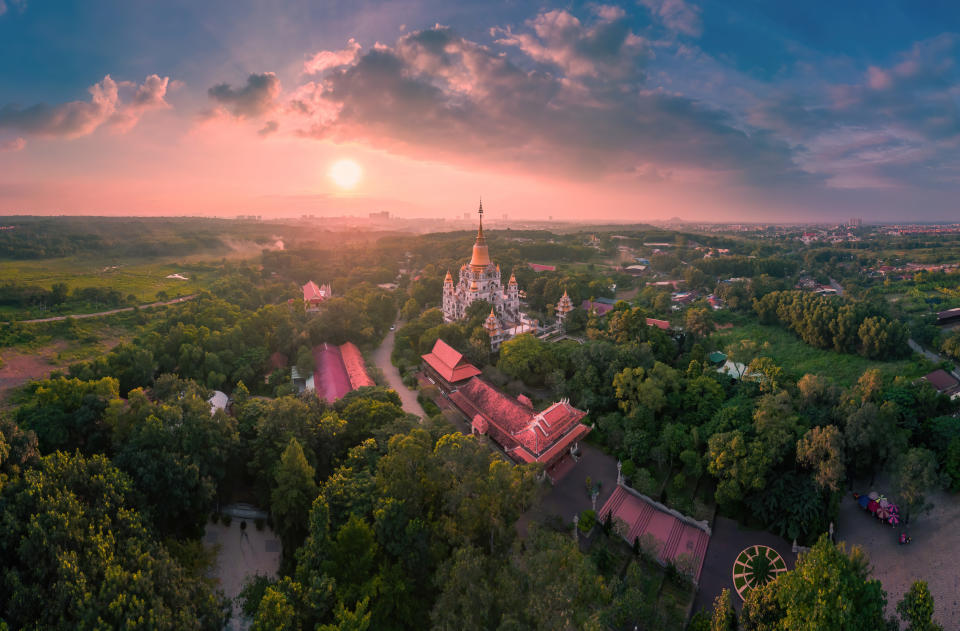 Aerial view of Buu Long Pagoda in Ho Chi Minh City. A beautiful buddhist temple hidden away in Ho Chi Minh City at Vietnam. A mixed architecture of India, Myanmar, Thailand, Laos, and Viet Nam