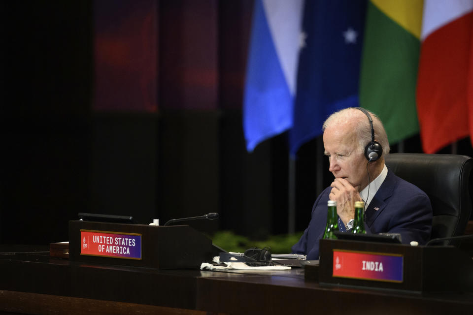 U.S. President Joe Biden attends a working session on food and energy security during the G20 Summit in Nusa Dua, Bali, Indonesia Tuesday, Nov. 15, 2022. (Leon Neal/Pool Photo via AP)