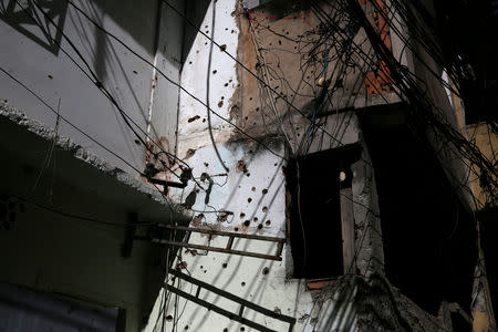 A wall pockmarked by bullet holes is seen in a passage known as "beco da Siria" (Syria alley) in Jacarezinho slum in Rio de Janeiro, Brazil, January 10, 2018. REUTERS/Pilar Olivares