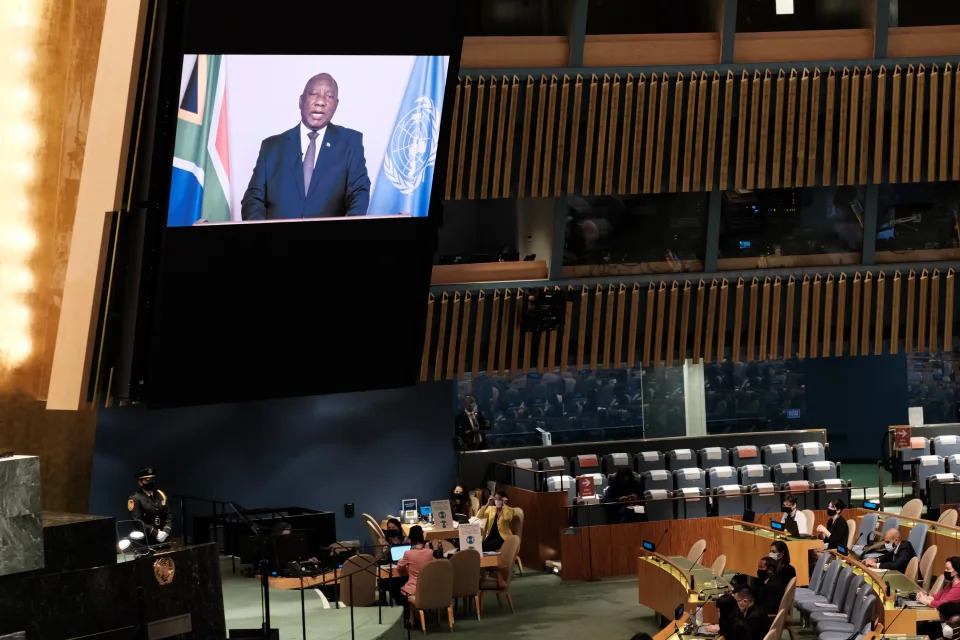 NEW YORK, NEW YORK - SEPTEMBER 23:  The President of South Africa Cyril Ramaphosa speaks via video link during the 76th session of the United Nations General Assembly (UNGA) at U.N. headquarters on September 23, 2021 in New York City. This year's event, which has been shortened due to Covid-19 restrictions, will highlight the global issues of defeating the Covid-19 pandemic and of re-invigorating the post-pandemic global economy. (Photo by Spencer Platt/Getty Images)