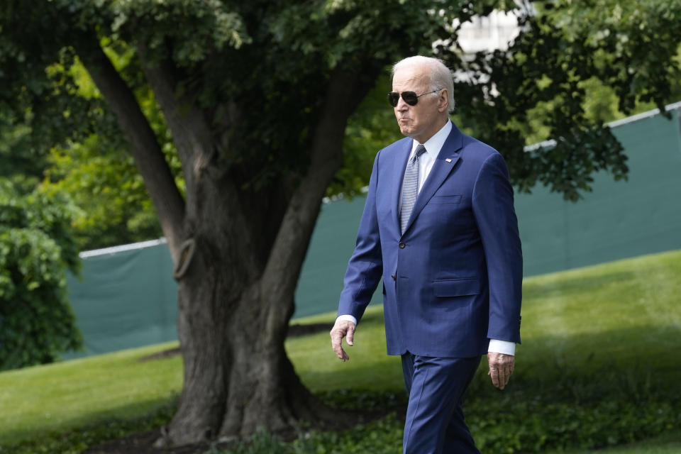 President Joe Biden walk towards Marine One on the South Lawn of the White House in Washington, Wednesday, May 10, 2023, to travel to the Hudson Valley in New York. (AP Photo/Susan Walsh)