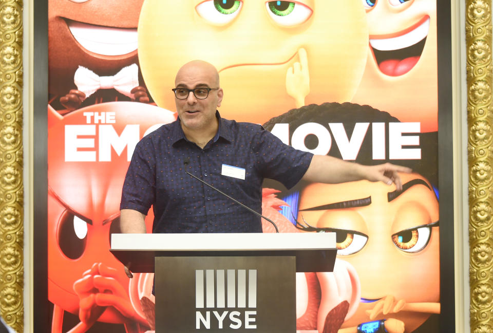 NEW YORK, NY - JULY 17:  Director Tony Leondis speaks at the ringing of The Closing Bell Of The New York Stock Exchange In Honor Of World Emoji Day at New York Stock Exchange on July 17, 2017 in New York City.  (Photo by Mike Coppola/Getty Images for Sony Pictures Entertainment )