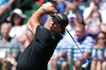 Jun 17, 2018; Southampton, NY, USA; Phil Mickelson tees off the tenth hole during the final round of the U.S. Open golf tournament at Shinnecock Hills GC - Shinnecock Hills Golf C. Mandatory Credit: Brad Penner-USA TODAY Sports