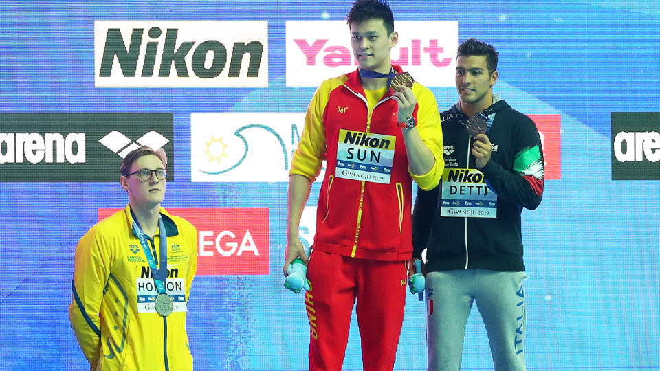 Mack Horton, Sun Yang and Gabriele Detti, pictured here after the 400m final at the 2019 FINA World Championships.