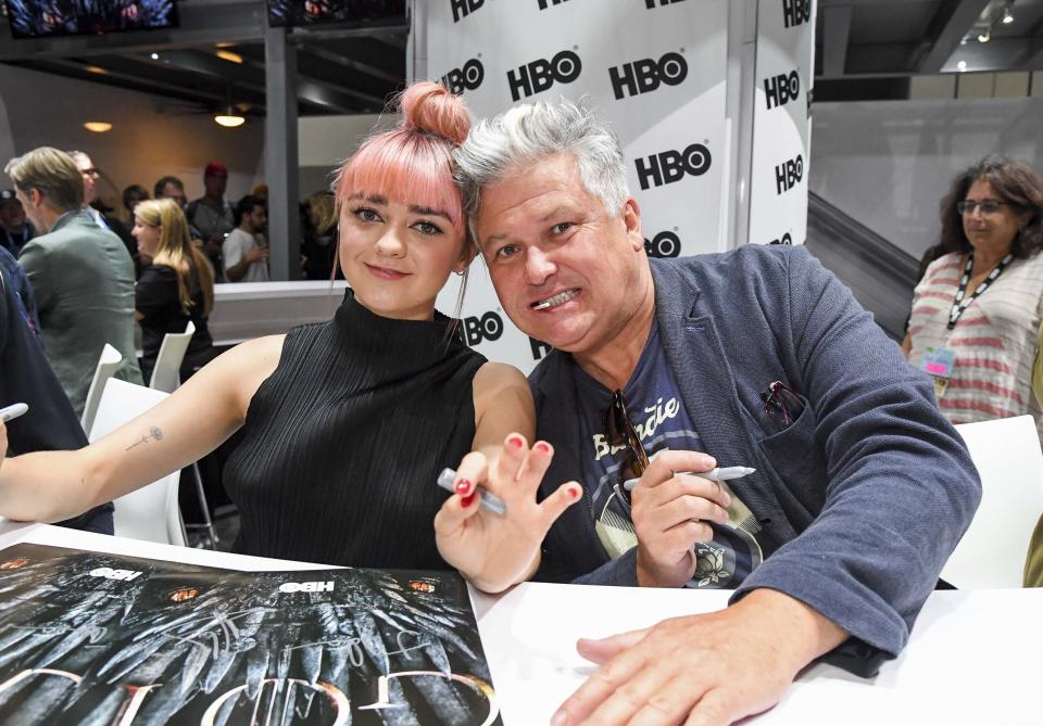SAN DIEGO, CALIFORNIA - JULY 19: Maisie Williams (L) and Conleth Hill at “Game Of Thrones” Comic Con Autograph Signing 2019 on July 19, 2019 in San Diego, California. (Photo by Jeff Kravitz/FilmMagic for HBO)