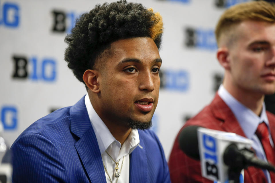 Wisconsin player Chucky Hepburn speaks during Big Ten NCAA college basketball Media Days Wednesday, Oct. 12, 2022, in Minneapolis. (AP Photo/Bruce Kluckhohn)