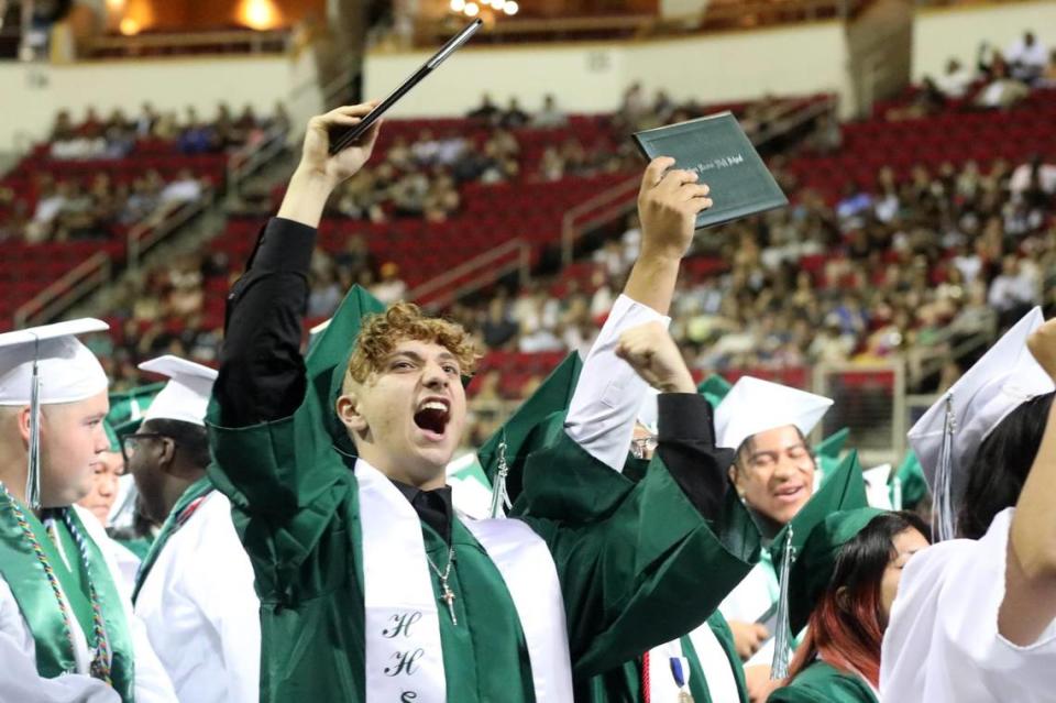 A graduate during the Hoover High graduation ceremony held at the Save Mart Center on June 6, 2023.