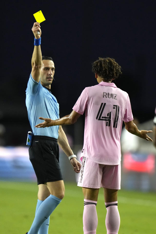 Inter Miami midfielder David Ruiz (41) is given a yellow card during the first half of the team's MLS soccer match against the New England Revolution, Saturday, May 13, 2023, in Fort Lauderdale, Fla. (AP Photo/Lynne Sladky)