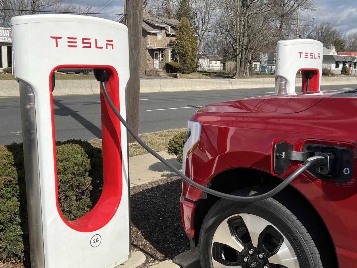 FEBRUARY, 29 2024 - Charging a Ford F-150 Lightning at a Tesla Supercharger location in New Jersey. (credit: Pras Subramanian) 
